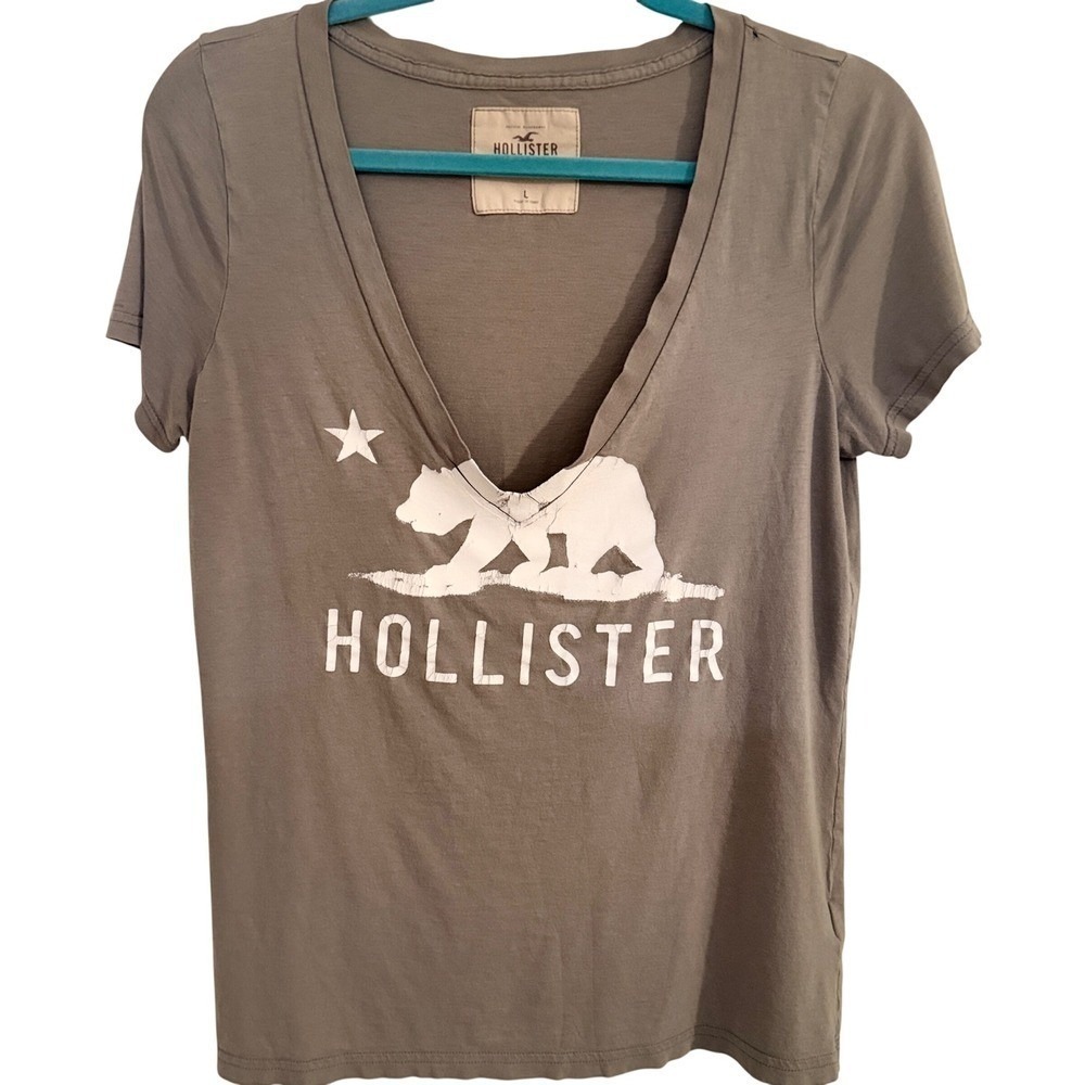 Hollister Olive V-Neck Short Sleeve Tee with White Bear Logo